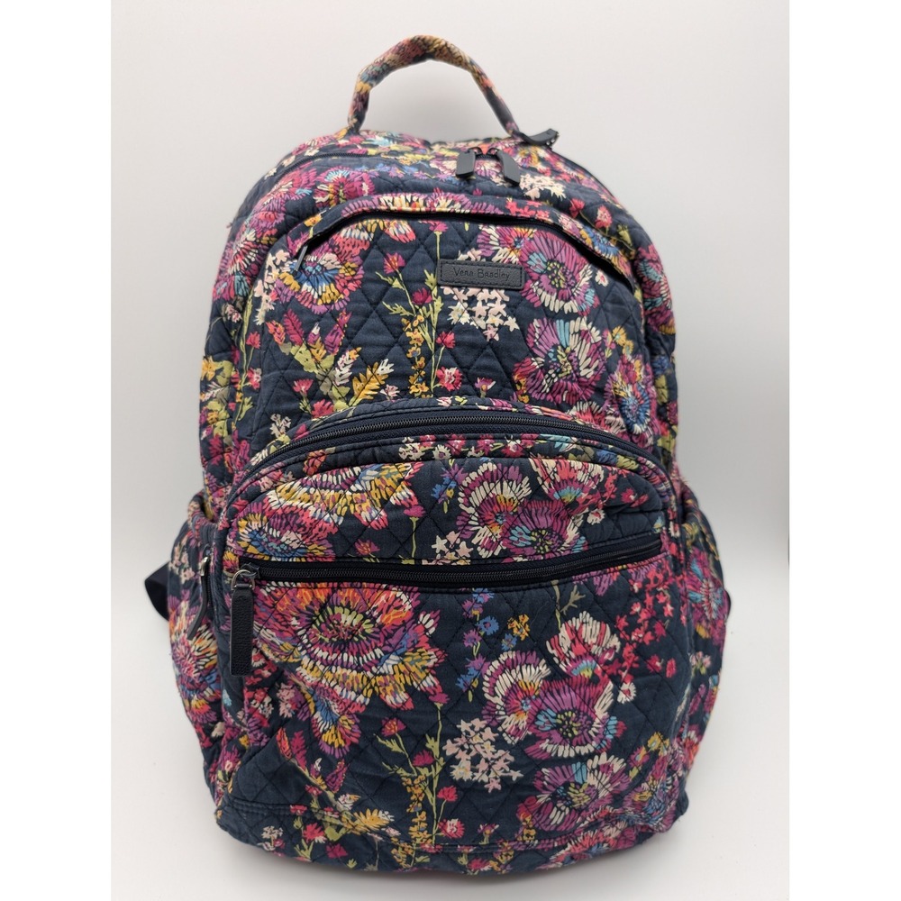 Vera Bradley Quilted Cotton Floral Backpack Navy Blue Pink Yellow Multi Pocket